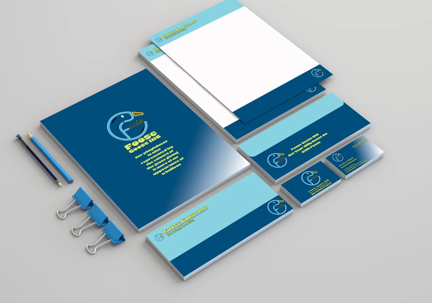 Foose Goose Inc. stationery set: letterhead, envelope, folder and business cards in deep blue, light blue and yellow